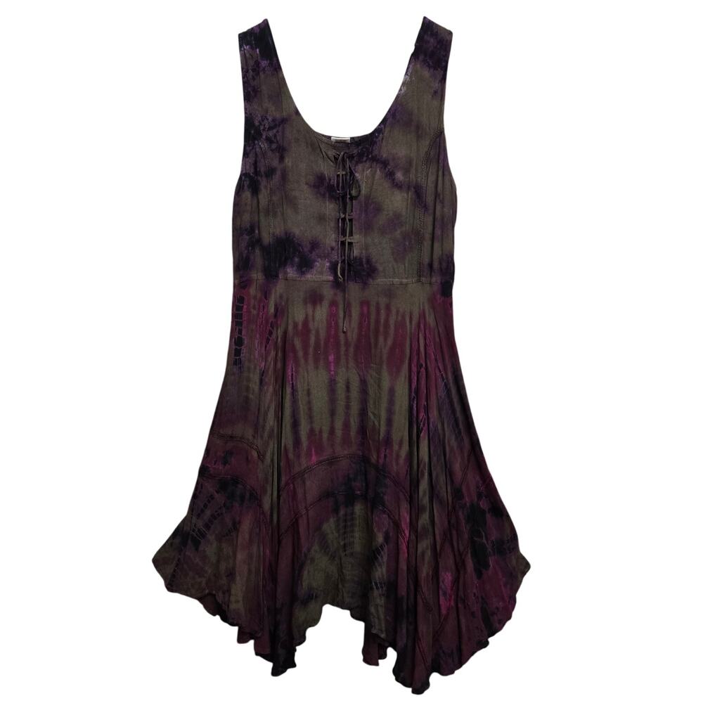 Vtg Whimsigoth Forest Fairy Boho Pixie Hand Dyed Corset Handkerchief Dress 1X/2X